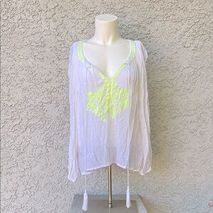 Fun & Flirt White Peasant Blouse with Neon Yellow Embroidery